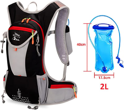 CarryQuest® - 2L Hydratatie Fietsrugzak - Ultralichte Polyester Hardlooprugzak met 2L Waterzak, Drinksysteem, Rugventilatie & Front-/Toploader - Hardlopen, Fietsen & Hiking - Zwart