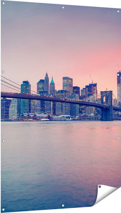 Gards Tuinposter New York Brooklyn Brug bij Zonsondergang - 100x150 cm - Tuindoek - Tuindecoratie - Wanddecoratie buiten - Tuinschilderij