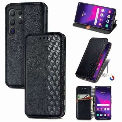 Luxe PU Lederen Ruitpatroon Wallet Case + Screenprotector voor Galaxy S24 Ultra _ Zwart