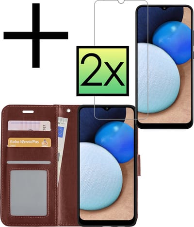 Hoesje - Met 2x Screenprotector - Geschikt voor Samsung Galaxy A02s - Luxe Pasjeshouder - Bookcase Portemonee - Flip Case - Kunstleer Book Case - Flipcase Hoes - Book Cover - Walletcase - Portemonneehoes - Bruin