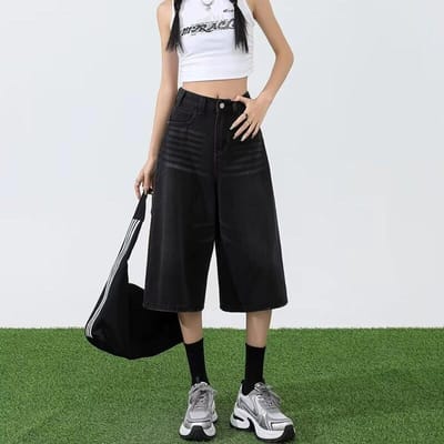 Korte Jeans voor Dames Zomer Nieuwe Stijl Klein Hoge Taille Los Slankmakend Wijde Pijp Rechte Pijp Shorts L zwart