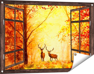 Gards Tuinposter Doorkijk Getekende Herten in het Bos - Herfst - 90x60 cm - Tuindoek - Tuindecoratie - Wanddecoratie buiten - Tuinschilderij
