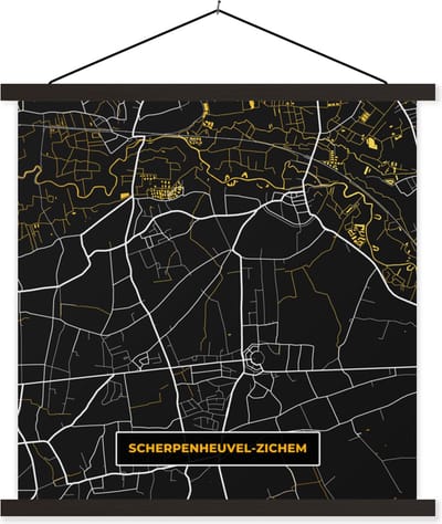 Posterhanger incl. Poster 60x60 cm - Schoolplaat - Plattegrond - Kaart - Scherpenheuvel-Zichem - Stadskaart - Goud - Textielposter - Zwarte latten - Stadskaart
