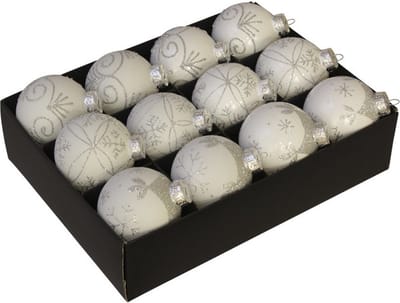 Othmar Decorations Kerstballen 12x - wit met zilver - 7,5 cm - glas - luxe gedecoreerde kerstballen