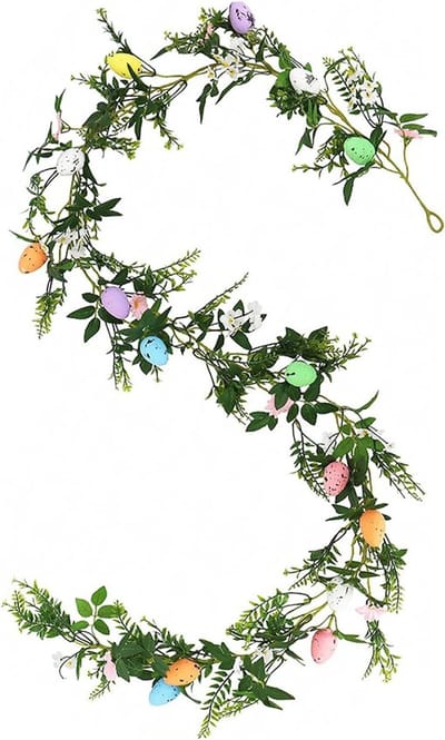BFYDOAA 180cm Paaseieren Garland Kunstmatige Lente Bloemen Wijnstok Faux Groen Bladeren Garland voor Mantle, Hek, Trap, Opknoping Mand