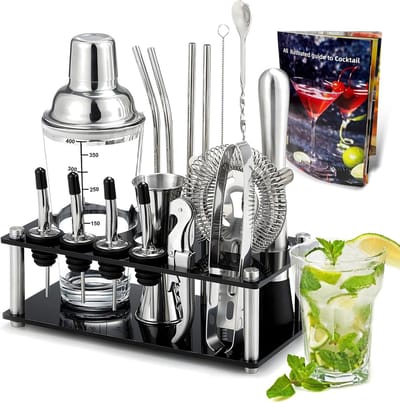 Cocktailset 17-delig met standaard en receptenboek - Cocktailshaker - Glas 450 ml - Barbestekset - Roestvrij staal - Geschikt voor Thuis Bar Feest - Nieuwjaar Verjaardagscadeaus