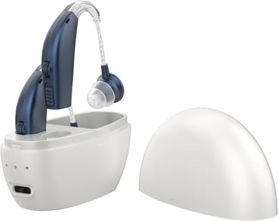 Digitale Geluidsversterker - Oplaadbaar Hoortoestel met Oplaadbox - Gehoorversterker met Intelligente Ruisonderdrukking en In-ear Detectie - Achter-het-oor Design voor Ouderen - Wit en bluaw
