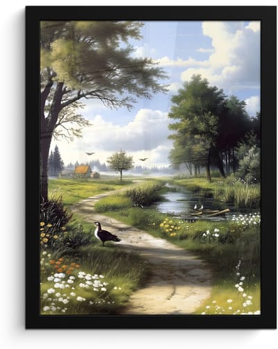 Poster in lijst - Fotolijst 30x40 cm - Posters - Zandpad - Groen landschap - Water - Posterlijst zwart - Decoratie - Wanddecoratie woonkamer - Muurdecoratie slaapkamer