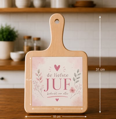 Kaasplank met Tegel De Liefste Juf – Bedankcadeau voor Juf – Houten Serveerplank 18x31 cm met Tegel 15x15 cm – Cadeau Einde Schooljaar