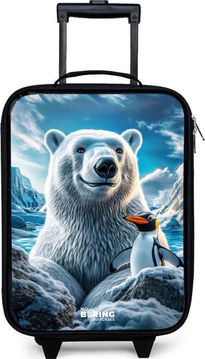 NoBoringSuitcases.com® - Kinderkoffer jongen - Kindertrolley meisje - IJsbeer en pinguïn in besneeuwd berglandschap - Koffer kind lichtgewicht - Reiskoffer trolley voor kinderen - Koffertje met lichtgevende wieltjes - Rolkoffer zwart