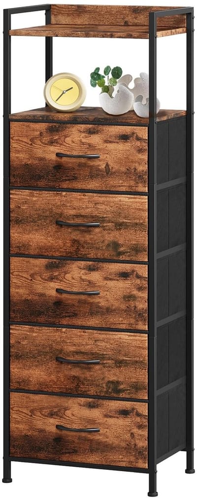 Dailygoods- Ladekast met 5 Laden - Dressoir met Open Plank - Ruimtebesparend - Stalen Frame - Milieuvriendelijk MDF - 29D x 38,7B x 107H - Opbergkast