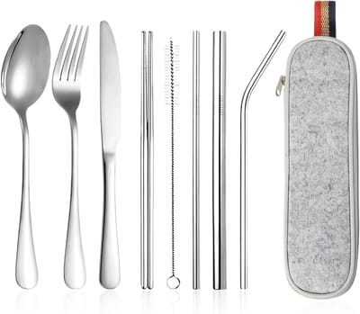 9-delige RVS Bestekset voor Reizen en Kamperen met Opbergtas - Ideaal voor Picknicks, Buitenactiviteiten en Avontuurlijke Trips