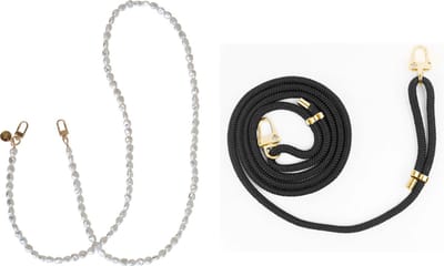 xoxo Wildhearts telefoonkoorden Pearlfection Lang + Black & Gold – elegante telefoonkettingen met parels & gouden details – duurzaam & verstelbaar – geschikt voor iPhone / Samsung