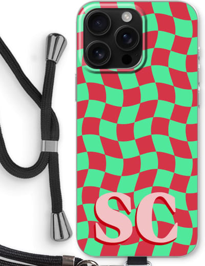 Gepersonaliseerd - Case Company® - Hoesje met koord geschikt voor iPhone 16 Pro Max hoesje met Koord - Grid Monogram - Telefoonhoesje met Zwart Koord - Bescherming aan alle Kanten en Over de Schermrand