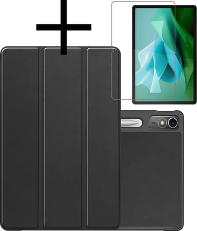 Hoes - Geschikt voor Lenovo Tab P12 - Met Screenprotector - Trifold Bookcase - Hard Cover Case - Met Uitsparing Geschikt voor Lenovo Pen - Hardcover Book - Tablet Hoesje - Zwart