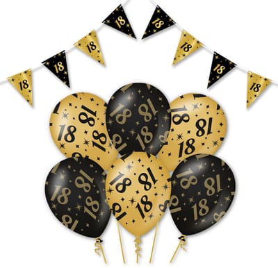Q2P - 18 Jaar - Slingers - Ballonnen - Zwart & Goud Set - Verjaardag Versiering - Helium Ballon