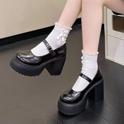 Talons Hauts Mary Janes Chaussures Automne Cuir Verni Chaussures à Talons Femme Plateforme Épaisse Bride Cheville Escarpins pour Femmes 35 black