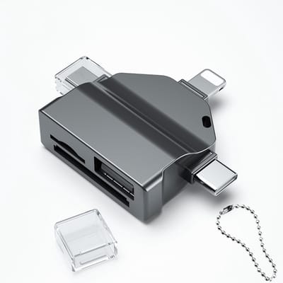 8-Pin + USB-C + Micro-USB naar USB Female + SD + Micro-SD (tf) kaartlezer adapter hub - cardreader - geschikt voor o.a. iPhone en laptop - zwart