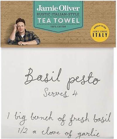Jamie Oliver theedoek met recept Jamies Basil Pesto