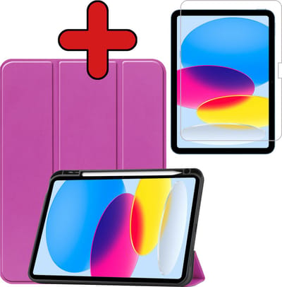 Hoesje - Geschikt voor Apple iPad A16/A18 (2022/2025/2026) - 10.9 & 11 inch (10e, 11e & 12e generatie) - Met Screenprotector - Trifold Bookcase Hoes - Hard Cover Case - Met Uitsparing Geschikt voor Apple Pencil - Hardcover Book - Tablethoes - Paars