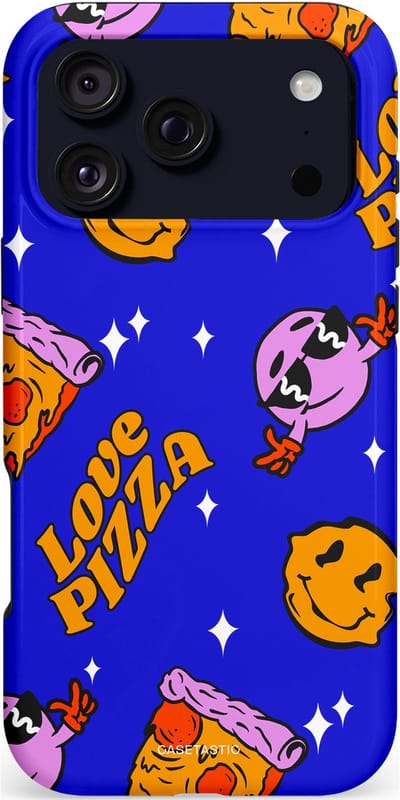 Casetastic hoesje geschikt voor Apple iPhone 17 Pro Max - MagSafe - Dubbellaagse bescherming - Funky Pizza - Fashion Case - Paars Okergeel Donkerblauw Bruin