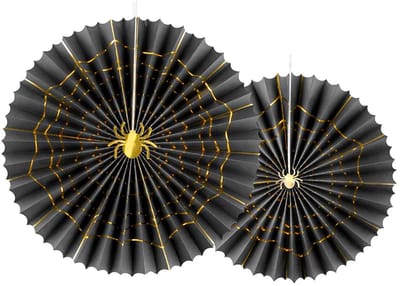 PARTYDECO - 2 zwarte en gouden spinnenweb papieren rozetten 32 en 40 cm voor Halloween