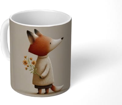 Mok - Koffiemok - Vos - Gele bloemen - Minimalistisch - Mokken - 350 ML - Beker - Koffiemokken - Theemok