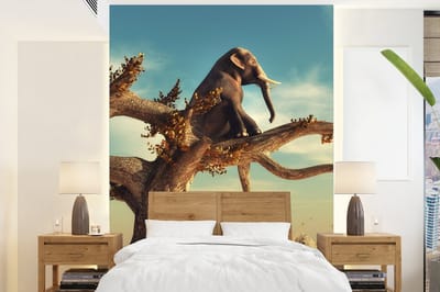 Behang - Fotobehang Olifant - Boom - Natuur - Woestijn - Breedte 205 cm x hoogte 280 cm