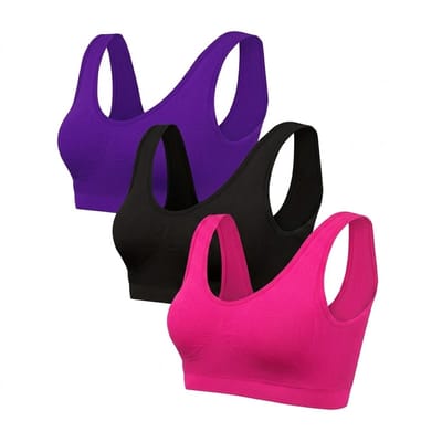 Paars zwart roze sport beha dames – naadloze sport bh set – elastische dunne sport top zonder sluiting – ademende enkellaagse sport bh met brede schouderbanden – lichte ondersteuning – fitness yoga hardlopen – maat S – set van 3