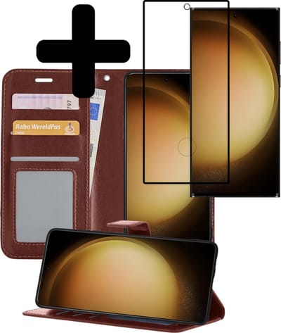 Hoesje - Met Screenprotector - Geschikt voor Samsung Galaxy S23 Ultra - Luxe Pasjeshouder - Bookcase Portemonee - Flip Case - Kunstleer Book Case - Flipcase - Book Cover - Walletcase - Portemonneehoes - Telefoonhoesjes - Bruin