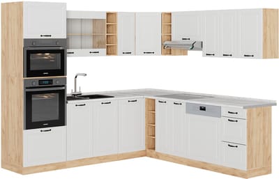 Vicco Hoekkeuken R-Line, Wit Landhuis/Goudkleurig Eiken, 247 x 237 cm, WB Marmer