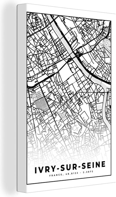 Canvas Schilderij Kaart - Ivry-sur-Seine - Stadskaart - Frankrijk - Plattegrond - Zwart wit - 20x30 cm - Wanddecoratie