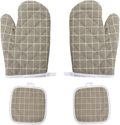Thijox - Hittebestendige ovenwanten en pannenlappen set van 2 keukenhandschoenen en 2 geïsoleerde pannenlappen, messing, met ophangring voor BBQ, oven