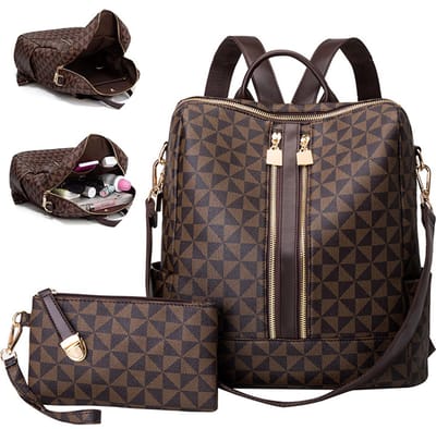 Wishdor Dames Rugzakset 32×32 cm + 20×11 cm – PU-Stof met Koeienprint, Verstelbare Riemen, Groot en Klein, Modieus en Praktisch
