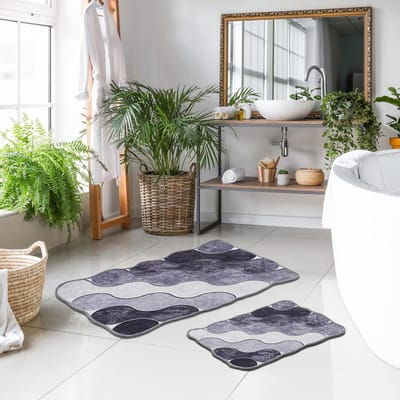 Unyqoos® Antislip Ovale Badmatset voor Veiligheid en Comfort in de Badkamer, 2-Delig, Wasbaar Grijs Tapijt