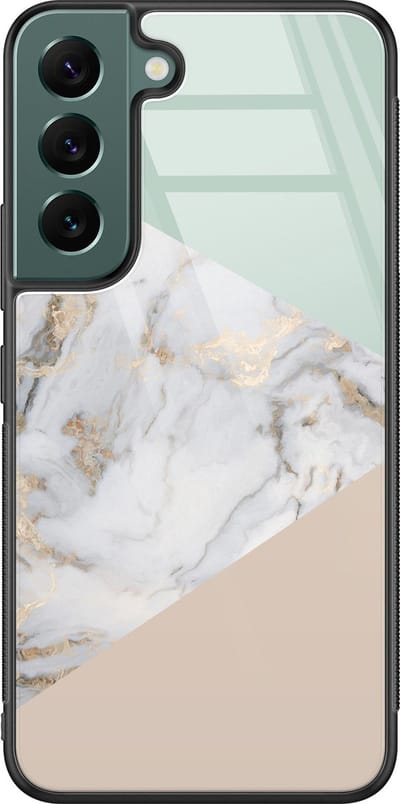 Hoesje geschikt voor Samsung Galaxy S22 - Marmer pastel mix - Luxe Glazen Hardcase - Marmer - Zwart, Goud