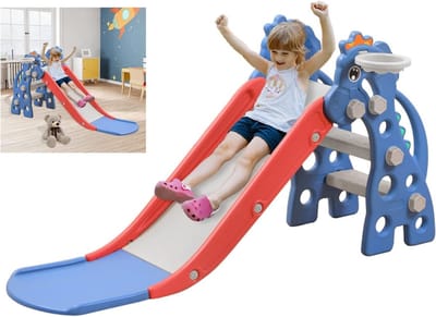 3-in-1 Kinderglijbaan met Klimladder en Basketbalmand - Opvouwbaar Binnen en Buiten Speeltoestel