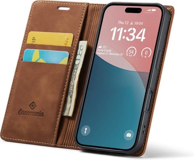CaseMania Bookcase hoesje geschikt voor iPhone 16 - Effen Cognac - Kunstleer