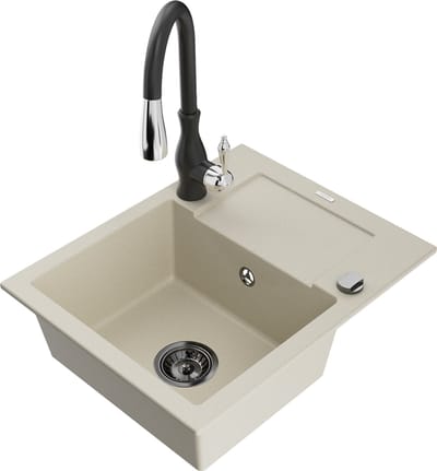 Mexen Enzo granieten spoelbak 1-komers met druiprek en keukenkraan Savita, beige - 6506-69-672601-70