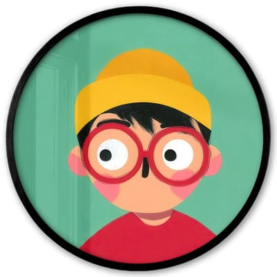 Poster in lijst Rond - Fotolijst 40x40 cm - Posters - Jongen - Cartoon - Bril - Muts - Ronde posterlijst zwart - Decoratie - Wanddecoratie woonkamer - Muurdecoratie slaapkamer