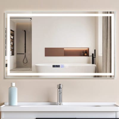 NETTLIFE Badkamerspiegel met LED Verlichting - Nikkel - LED rechthoekig badkamerspiegel 100x60cm - Dimbaar 3000K-6500K - 3 LED standen - Wandspiegel - Lichtspiegel met aanraakschakelaar en klok Ontwasemingsfunctie