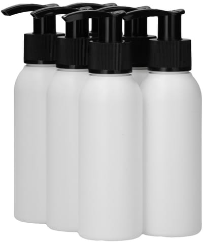 6 x 100 ml ronde fles HDPE wit + Zeepfles Dispenserpomp zwart - BPA Vrij - Niet Breekbaar - Plastic Flesjes Navulbaar - Met Dop - Lege Flessen - 6 stuks