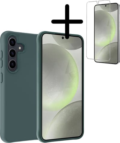 Hoesje Met Screenprotector - Geschikt voor Samsung Galaxy S24 - Sterk & Shockproof - Back Cover - Siliconen Case - Telefoon Hoes - Donkergroen