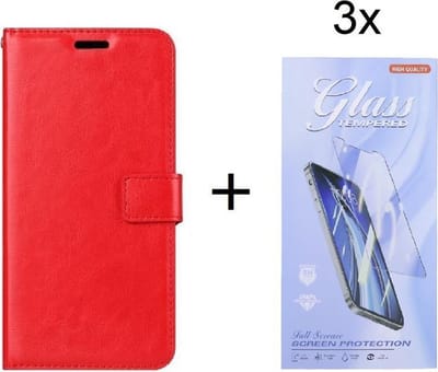 Bookcase Geschikt voor: Oppo Find X3 Lite - Rood - portemonnee hoesje met 3 stuk Glas Screen protector
