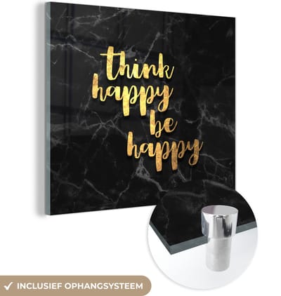 MuchoWow® Glasschilderij 50x50 cm - Schilderij acrylglas - Quote - Happy - Goud - Marmer - Foto op glas - Schilderijen