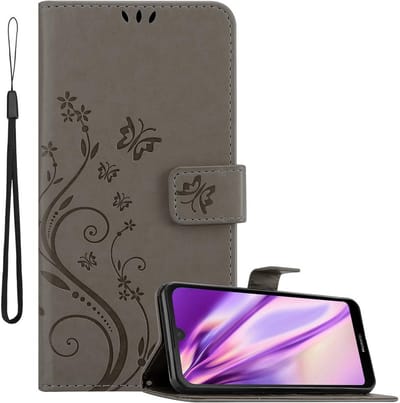 Cadorabo Hoesje geschikt voor Huawei Y6 PRO 2019 in BLOEMEN GRIJS - Beschermhoes in bloemmotief met magnetische sluiting, standfunctie en kaartsleuven Book Case Cover Etui