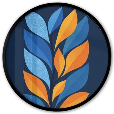 Poster in lijst Rond - Fotolijst 40x40 cm - Posters - Abstract - Bladeren - Blauw - Ronde posterlijst zwart - Decoratie - Wanddecoratie woonkamer - Muurdecoratie slaapkamer