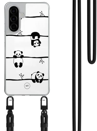 Hoesje met koord geschikt voor Samsung Galaxy A36 - Panda - Inclusief Zwart koord - Crossbody beschermhoes - Transparant, Zwart, Wit - Mooie Telefoonhoesjes