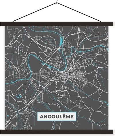 Posterhanger incl. Poster 60x60 cm - Schoolplaat - Frankrijk - Stadskaart - Plattegrond - Kaart - Angoulême - Textielposter - Zwarte latten - Stadskaart