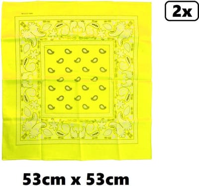 2x Zakdoek fluor geel met motief 53cm x 53cm - zakdoek bandana boeren carnaval feest sjaal festival themafeest